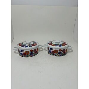 Vintage Japan Mini Casserole Dish Set 2 Floral Butterfly Ceramic Lidded Bowls